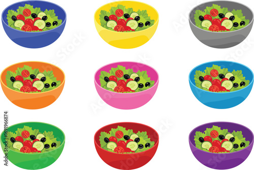 Vector illustration of colorful salad bowls with fresh lettuce, tomatoes, cucumbers, olives in vibrant bowls for healthy eating concept.