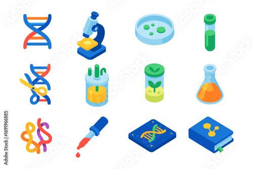 Colorful isometric biotechnology and laboratory equipment icons