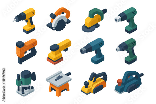 Isometric power tools collection for carpentry and construction projects