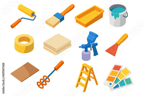 Isometric painting tools set with brushes, rollers, and color swatches for home renovation