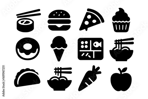 Silhouette icons of diverse foods including sushi, burger, pizza, and cupcake