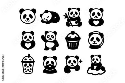 Cute panda icons: diverse expressions and activities in black and white