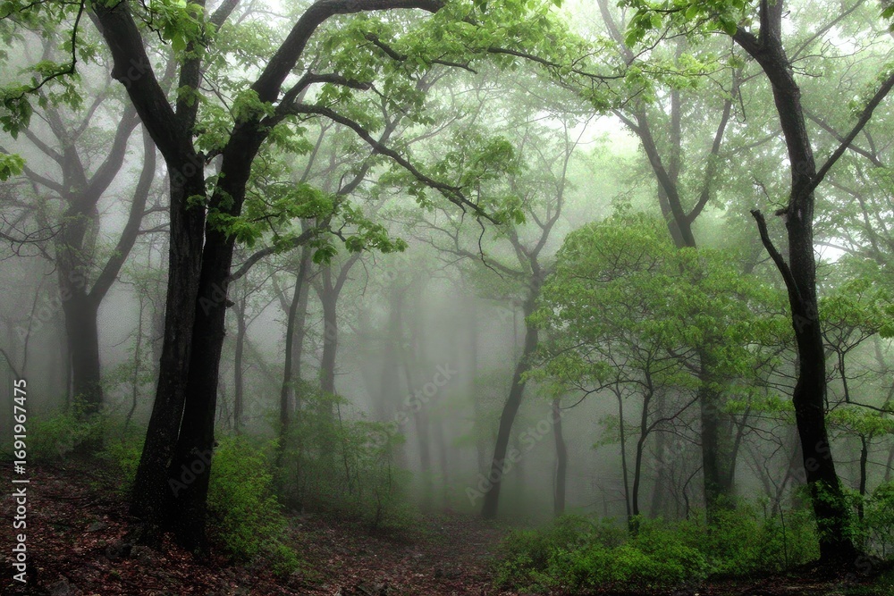 Naklejka premium Misty forest path, lush greenery, misty ambiance