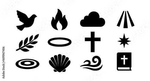 Sacred symbols silhouette collection: cross, dove, halo, bible and more