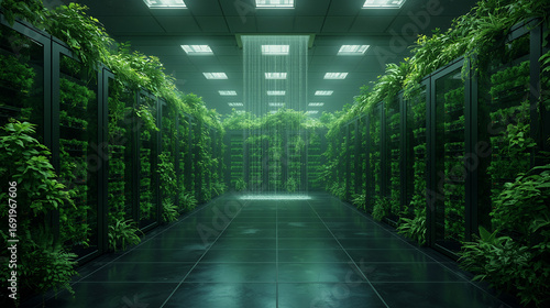 Serene Green Data Center: Lush Indoor Plants, Modern Servers, Tranquil Waterfall, Sustainable Technology Concept.