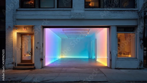 Urban gallery space, vibrant colored light