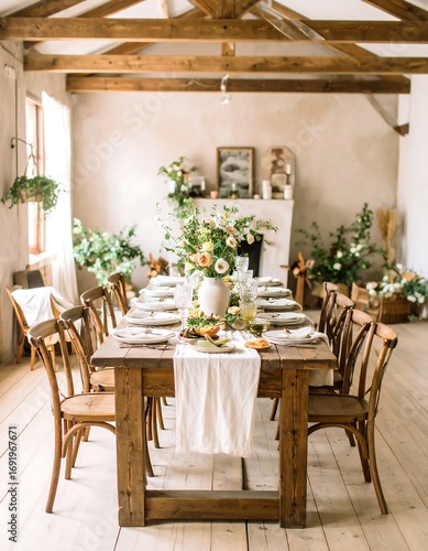 Rustic farmhouse dining room with floral centerpiece