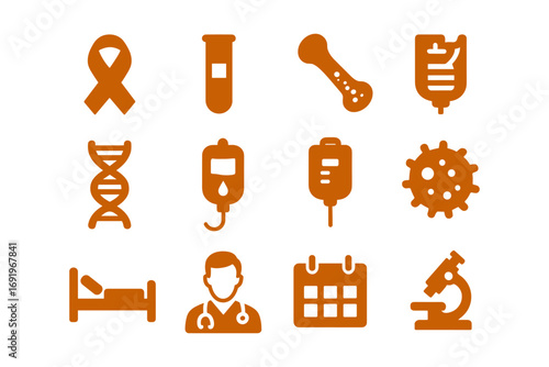 Orange medical icons set featuring dna ribbon test tube and calendar