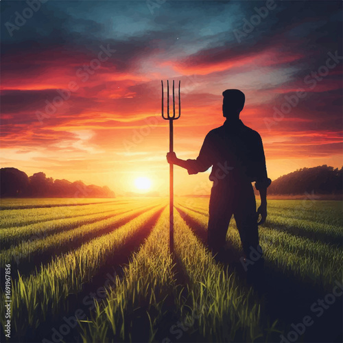 A silhouetted farmer stands in a field at sunset, holding a pitchfork, gazing towards a vibrant, colorful sky, conveying a sense of peace and hard work.