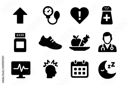 Health and wellness icon set: fitness, nutrition, medical, sleep, and more