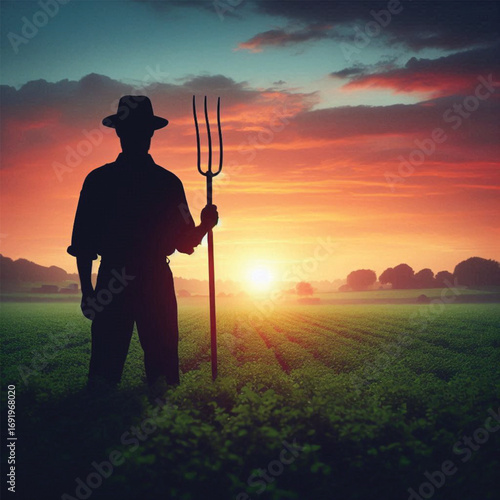 A silhouetted farmer stands proudly in his field at sunset, holding a pitchfork, showcasing a picturesque rural scene filled with vibrant colors and tranquil atmosphere.