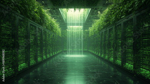 Futuristic Green Server Room:  Lush Vertical Garden, Water Feature,  Sustainable Technology Concept,  Dark Moody Atmosphere,  High-Tech Data Center.