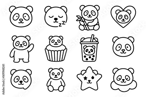 Cute panda icons collection: adorable line art for kids and fun designs