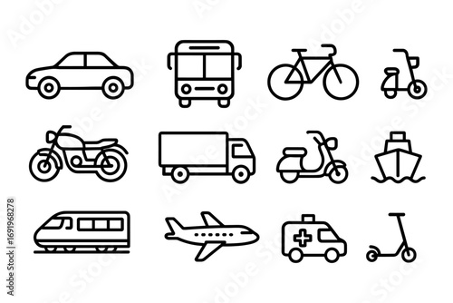 Linear icons of various transportation vehicles for modern design needs