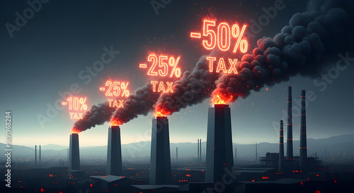 Industrial smokestacks emitting glowing red percentages and the word tax into a dark, polluted sky, symbolizing economic or environmental policy changes