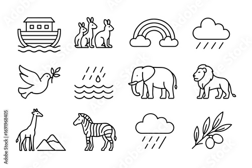 Noah's ark elements: animals, weather, and nature in simple line art style