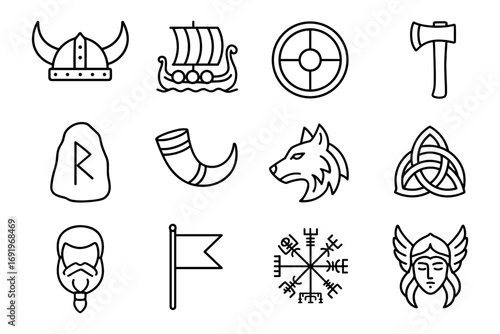 Viking icons set: helmets, ships, symbols, and mythical norse elements in linear style