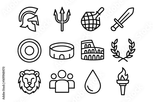 Ancient rome icons outline set featuring helmets, coliseum, tridents, gladiator swords, and laurel wreaths