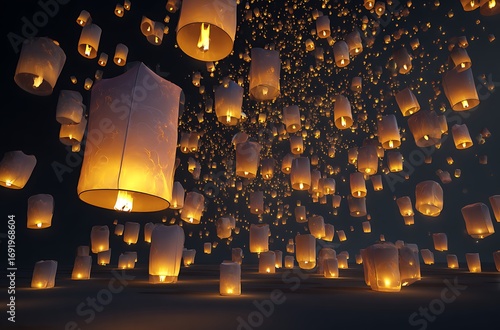 A sky full of glowing lanterns floating in the air, against a black background