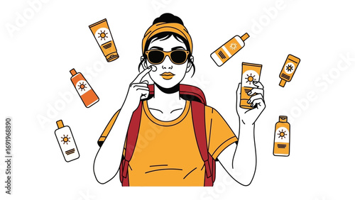 Young woman wearing sunglasses and backpack applying sunscreen with various sun protection products floating around her in a vibrant illustration style