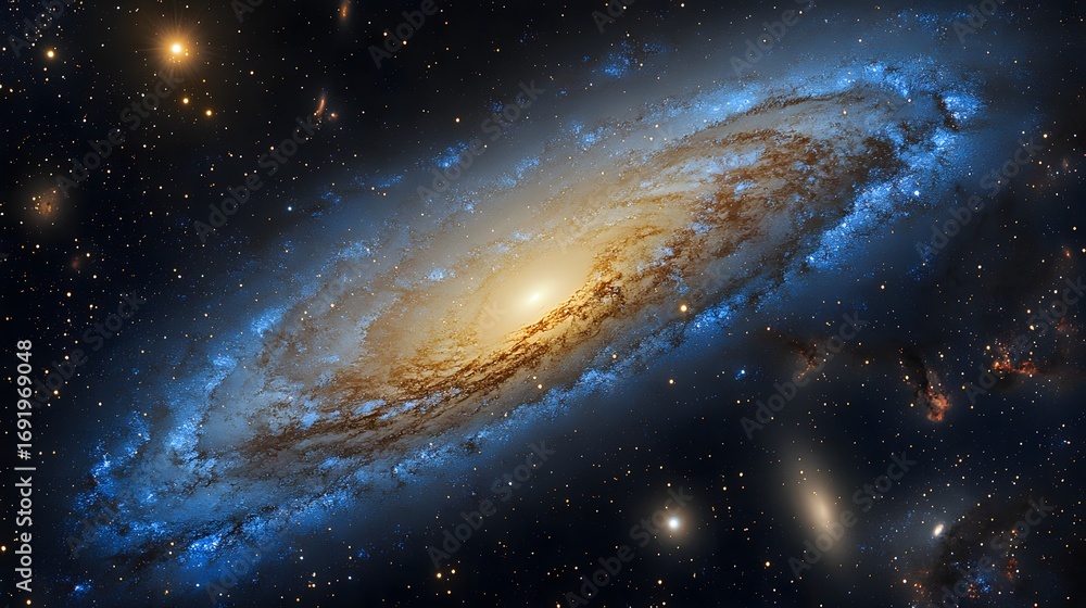 Fototapeta premium Majestic spiral galaxy adorned with glowing blue nebula and distant celestial bodies in deep space