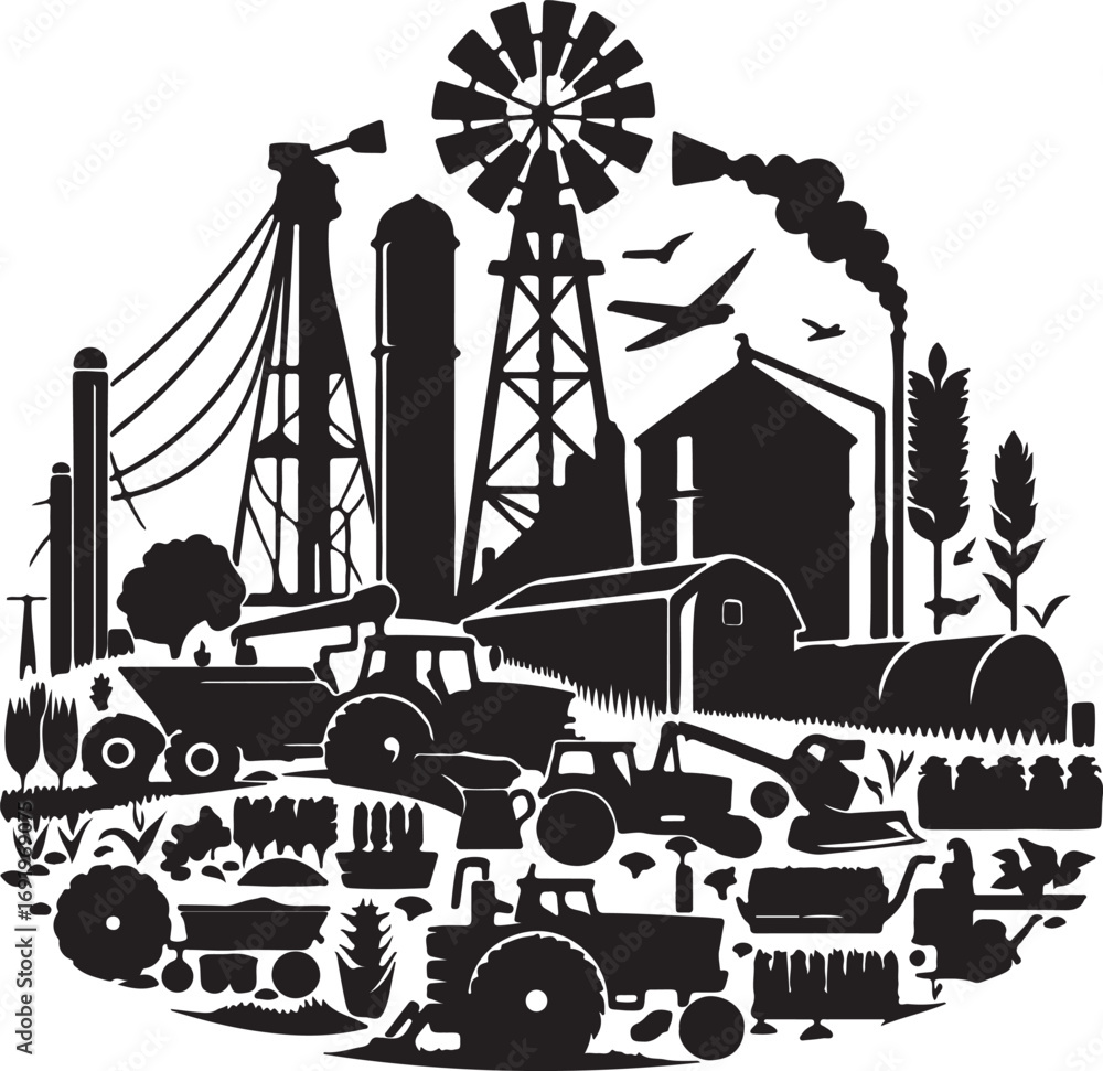 Obraz premium This black and white illustration depicts a vibrant agricultural scene, showcasing various farm equipment, structures, and crops arranged in a circular composition, suggesting a holistic view of farm