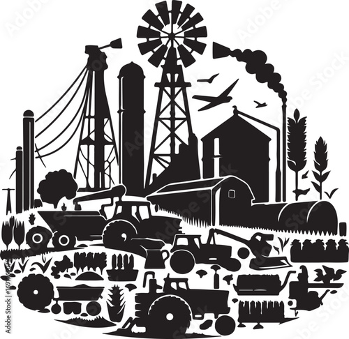 This black and white illustration depicts a vibrant agricultural scene, showcasing various farm equipment, structures, and crops arranged in a circular composition, suggesting a holistic view of farm