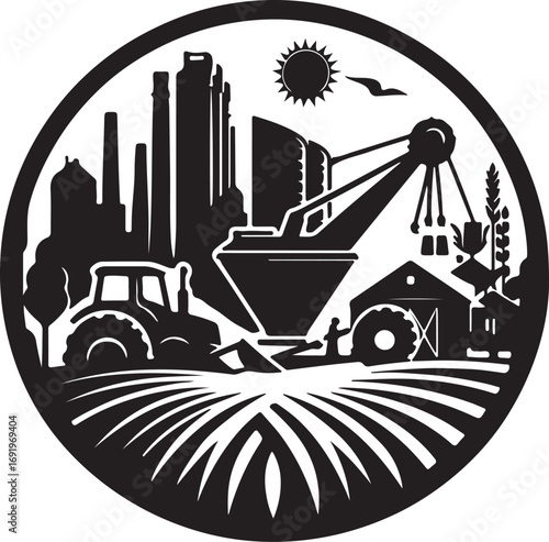 This black and white circular image depicts a stylized farm scene with a tractor, a barn, and industrial buildings in the background, all set against a field of crops under a bright sun.