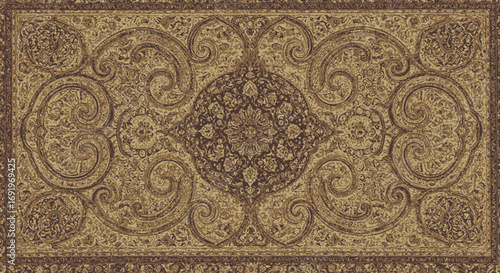 Elegant antique Persian carpet pattern with intricate swirling floral motifs in warm earthy tones