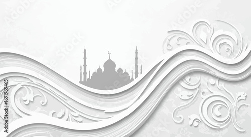 Elegant Islamic mosque silhouette with decorative swirls, perfect for cultural celebrations and design projects.