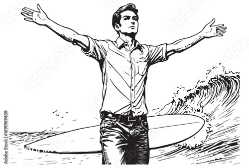 Triumphant Man with Outstretched Arms on Beach with Surfboard and Ocean Waves