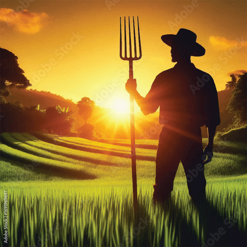 A silhouetted farmer stands in a vibrant rice paddy at sunset, holding a pitchfork, the warm light illuminating the tranquil landscape.