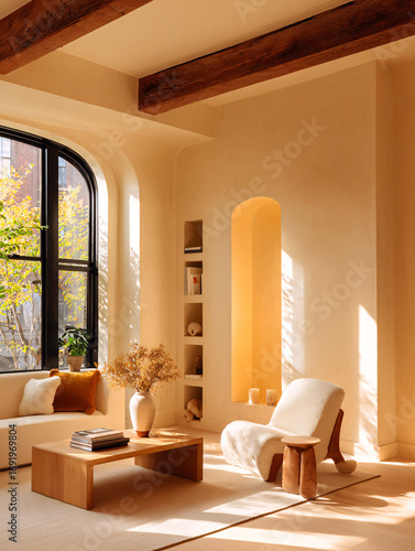 Sunlit Interior Design: A Modern Living Space with Exposed Beams