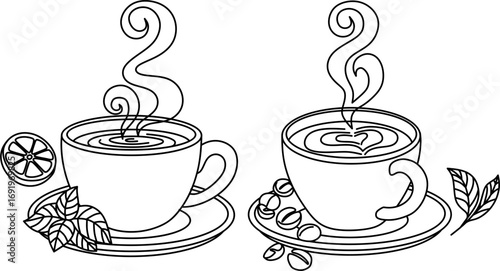 A cup of tea with a slice of lemon and a sprig of mint, a cup of coffee with scattered beans