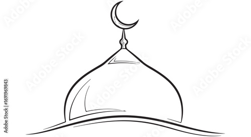 Stylized Line Art Drawing of a Mosque Dome with Crescent Moon Symbol