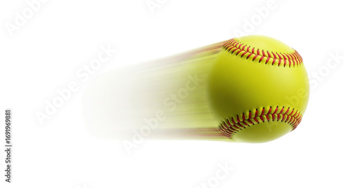 Vibrant yellow softball with red stitching mid-air, intense motion blur, isolated on transparent background with copy space, studio lighting, subtle shadows. Concept of high velocity sports