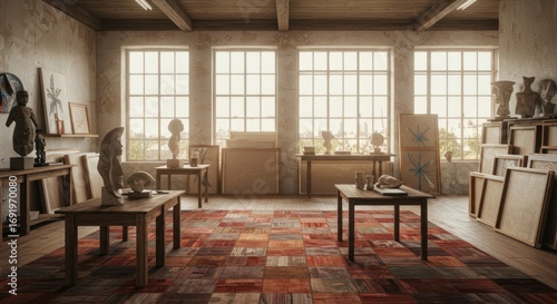 A bright studio room with several sculptures paintings and wooden furniture pieces on a patterned rug