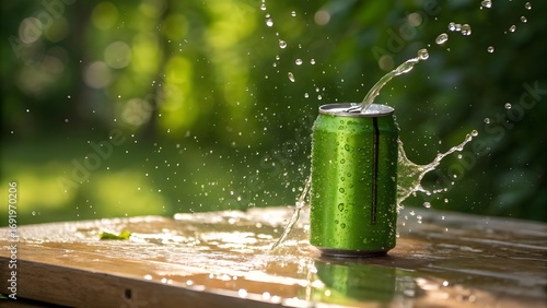 Vibrant green aluminum can with a refreshing cold beverage splashing out in the summer sun