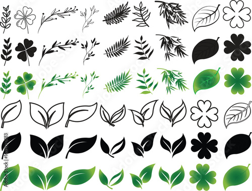 Leaf line art icon set.Leaf sprout icon vector, green leaves plant eco logo symbol simple graphic illustration, vegan fresh herb pictogram shape sign, organic natural healthy logotype.