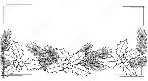 Decorative Holiday Holly and Pine Line Art Border Frame
