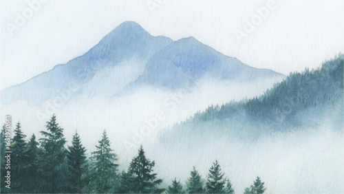 Mountain Peak Emerging from Mist: The painting captures the serene essence of a mountain peak veiled in a soft, atmospheric mist. The tranquil artwork evokes a sense of calmness and wonder.
