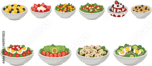Vector illustration of various healthy salad bowls with fruits, vegetables, avocado, mushrooms, eggs, yogurt, nutritious diet and breakfast meals.