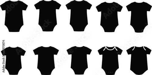 Black baby onesie silhouette set with various neckline and sleeve designs, vector fashion illustration for infant clothing design and retail