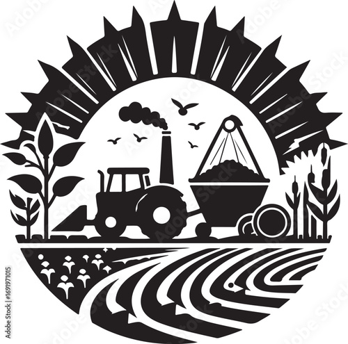 A black and white illustration depicts a tractor harvesting crops in a field, set within a sunburst design, suggesting agricultural productivity and the cyclical nature of farming.