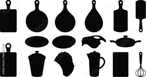 Collection of black silhouette kitchen tools including cutting boards, rolling pins, teapots, whisks, and more for cooking preparation.