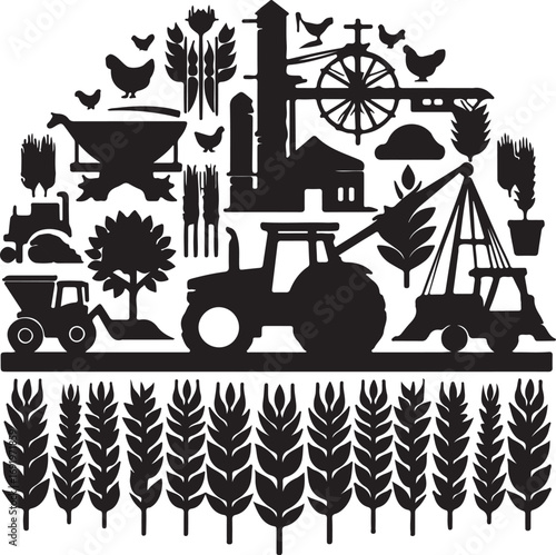 This black and white circular image depicts a stylized farm scene with a tractor, a barn, and industrial buildings in the background, all set against a field of crops under a bright sun.
