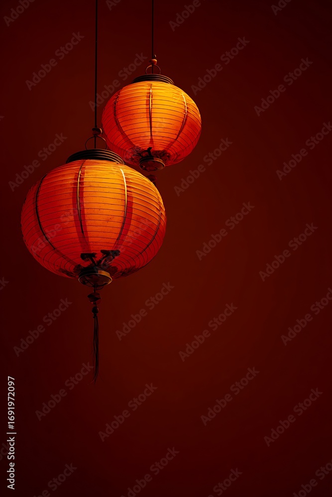 Obraz premium Two red lanterns hanging on the wall, a Chinese New Year atmosphere, a red background
