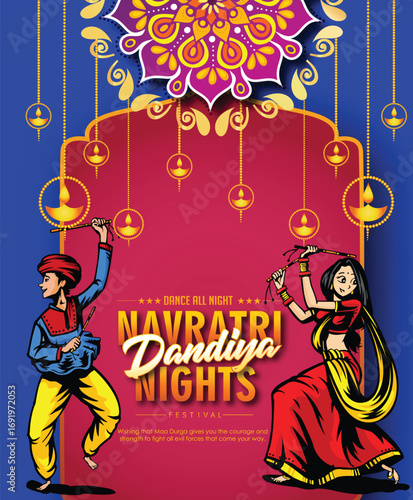 Illustration of couple playing Garba and Dandiya in Navratri Celebration and dandiya night,  Gujarati Garba Night poster for Navratri Dussehra festival of India