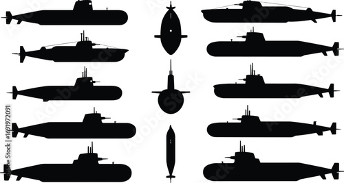 Collection of black silhouette submarine designs in various angles and sizes, showcasing military and naval underwater vessels in silhouette.