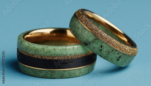 Two rings,  light green stone, black accents, gold band